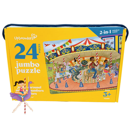 Upbounders 24-piece jumbo puzzle box featuring carousel with children and animals, 2-in-1 double-sided, ages 3+