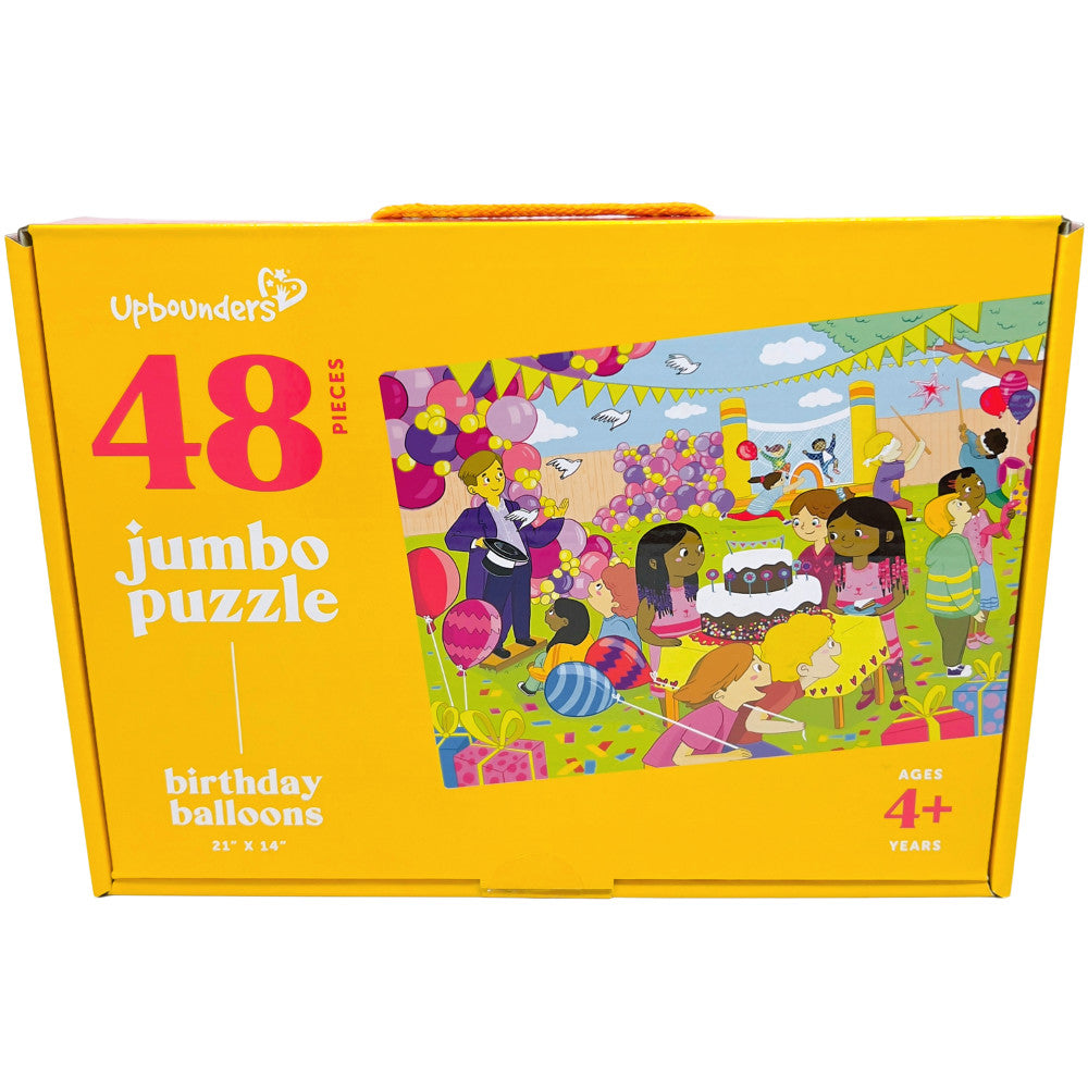 Upbounders 48-piece jumbo puzzle box featuring colorful birthday balloon party scene with children and decorations, ages 4+