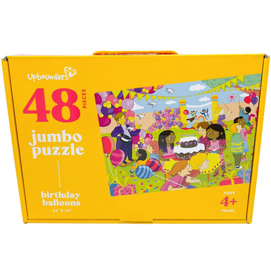 Upbounders 48-piece jumbo puzzle box featuring colorful birthday balloon party scene with children and decorations, ages 4+