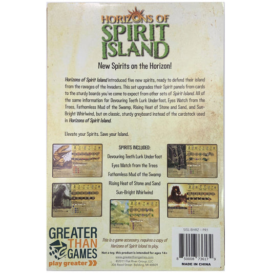 Horizons of Spirit Island game box back showing five new spirit panel boards with gameplay details and components included