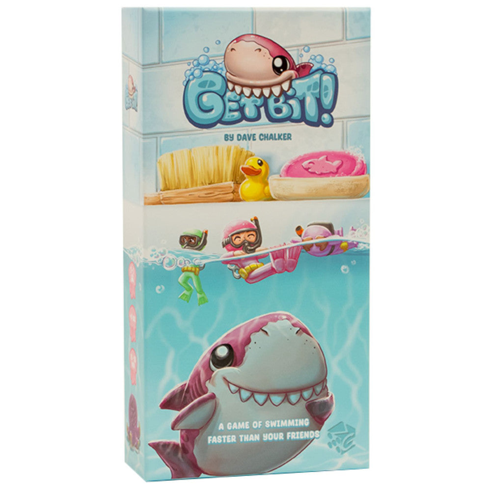 Get Bit! game box showing cartoon shark and swimming characters with game components including a brush, duck toy, and snorkel gear on bathroom-themed shelves