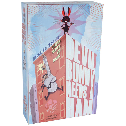 Devil Bunny Needs A Ham board game box featuring illustrated bunny character with red ears and a person in white outfit, with large red and white title text on
