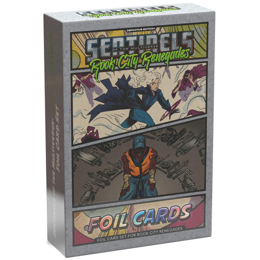 Sentinels of the Multiverse Rook City Renegades Foil Cards Definitive Edition box featuring comic-style artwork with characters in action poses and mechanical e