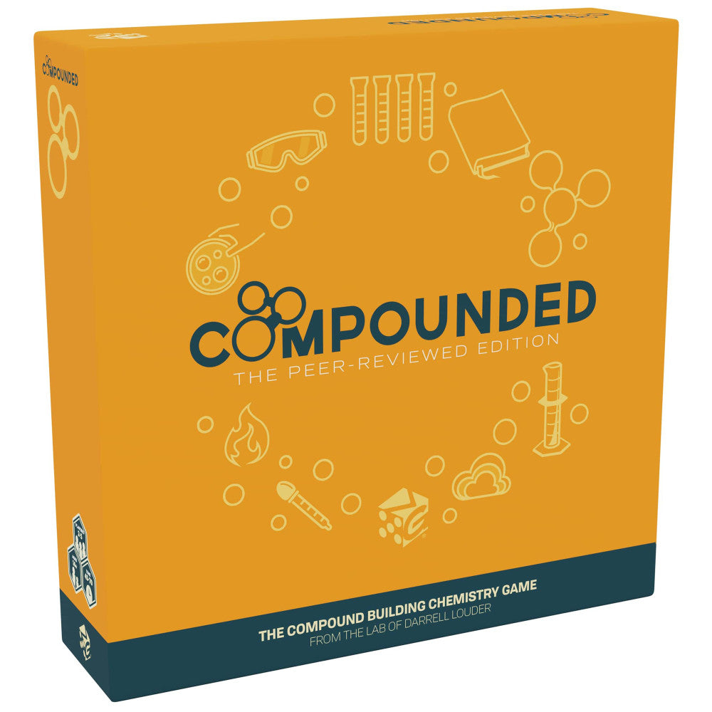 Compounded: The Peer-Reviewed Edition board game box with bright yellow-orange background and teal accents, featuring outlined icons of chemistry equipment and
