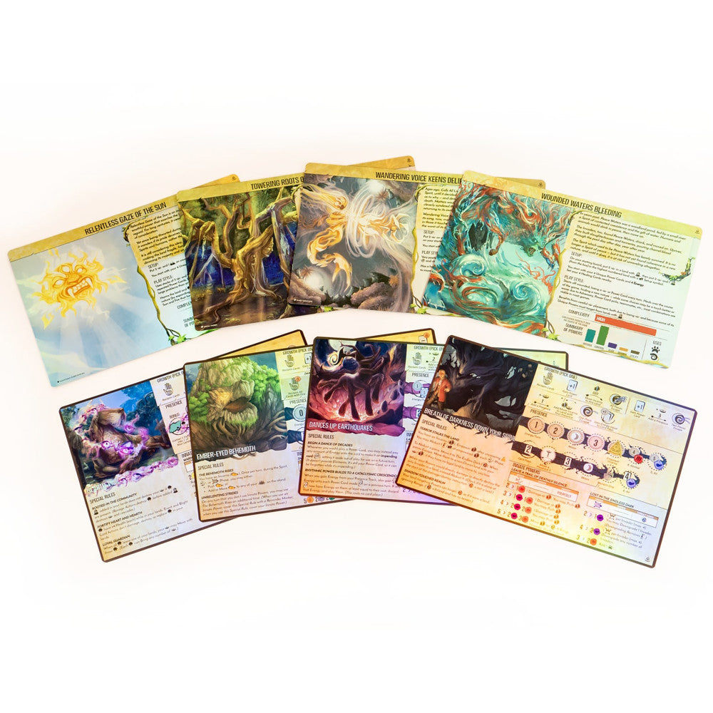 Eight premium foil spirit panels for Spirit Island board game, displayed in a fan arrangement showing illustrated cards with game information and colorful artwo