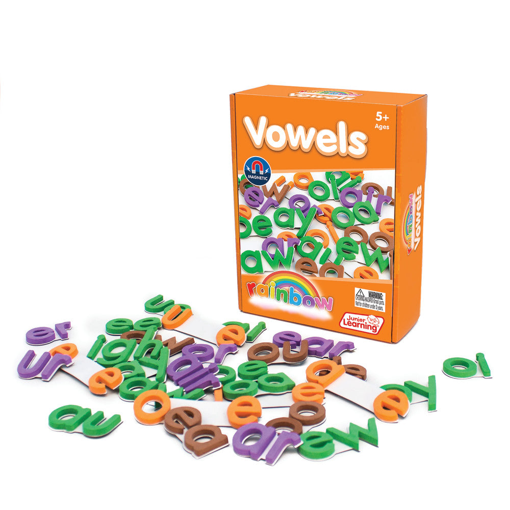 Rainbow Vowels magnetic learning set with colorful letter tiles in purple, green, orange, and brown, displayed with packaging box