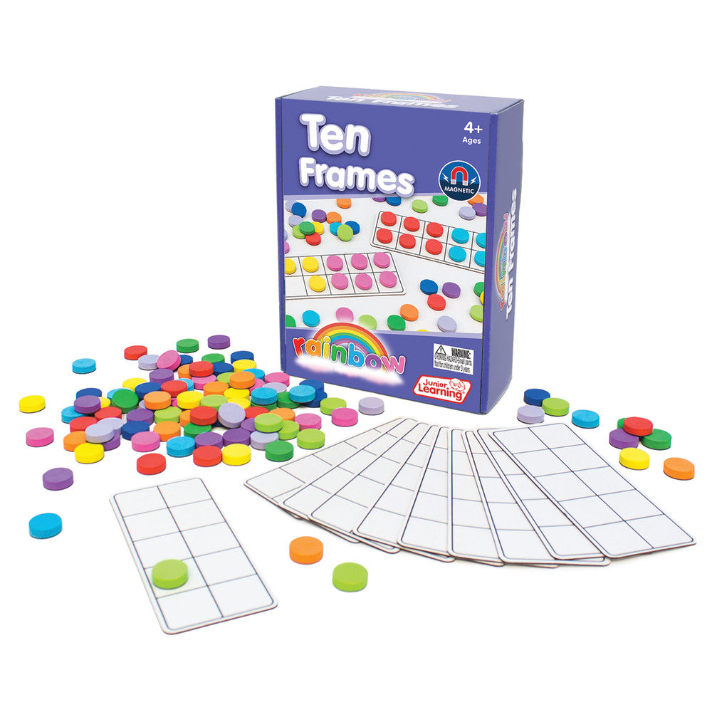 Rainbow Ten Frames Learning Set with blue box, colorful magnetic counters, and white grid activity cards for counting and math practice