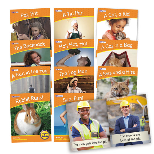 Collection of early reader books displayed in a fan arrangement, featuring titles like Pat Pat, A Tin Pan, A Cat a Kid, The Backpack, Hot Hot Hot, A Cat in a Ba