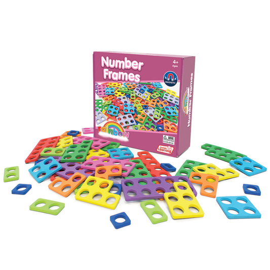 Number Frames magnetic learning set with colorful plastic frames in multiple colors and small magnetic pegs, displayed with product box
