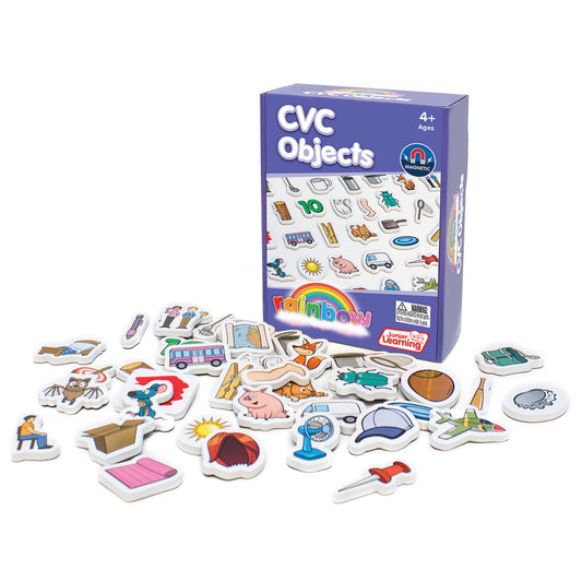 Junior Learning Rainbow Phonics Magnetic CVC Objects set with purple box and colorful magnetic tiles showing letters, numbers, vehicles, animals, and everyday o
