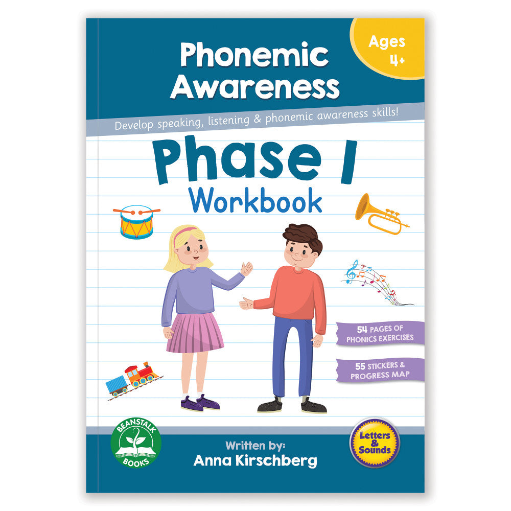 Phonemic Awareness Phase 1 Workbook cover featuring two children with musical instruments and train toy, ages 4+, includes 54 pages of phonics exercises and 55