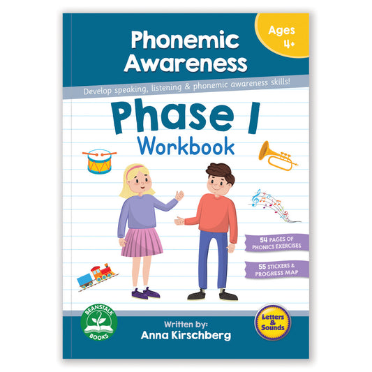 Phonemic Awareness Phase 1 Workbook cover featuring two children with musical instruments and train toy, ages 4+, includes 54 pages of phonics exercises and 55