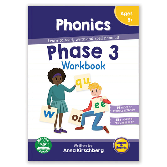 Phonics Phase 3 Workbook cover featuring two illustrated children holding letter cards (qu, w, oi, ee, z), with "Learn to read, write and spell phonics!" taglin