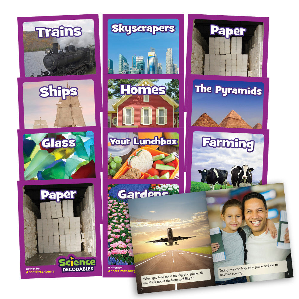 Science Decodables book set with purple frames showing labeled photos of trains, skyscrapers, paper, ships, homes, pyramids, glass, lunchbox, farming, and garde