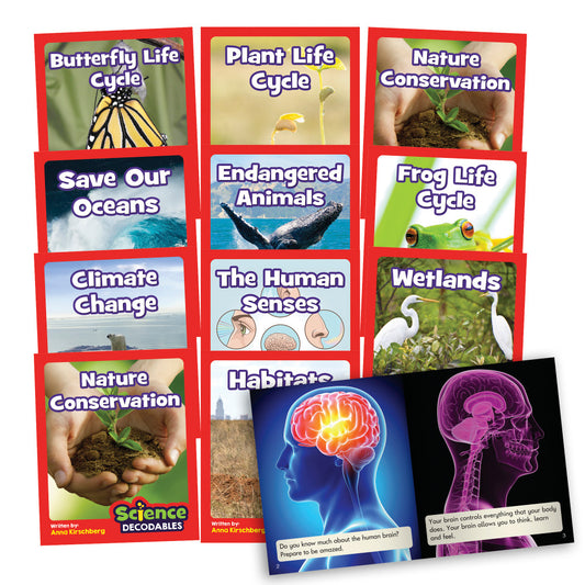 Science Decodables book set featuring 12 red-bordered cards with nature and science topics like butterfly life cycle, plant life cycle, endangered animals, and