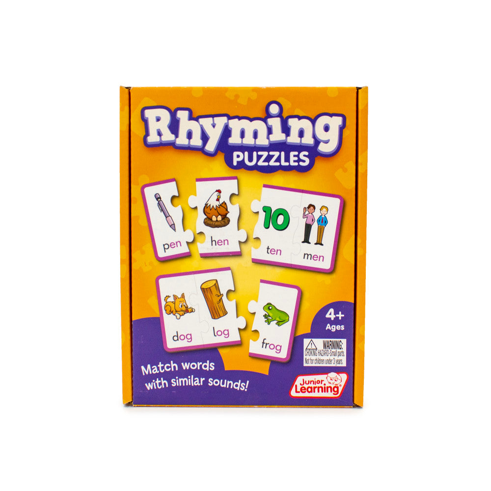 Junior Learning Rhyming Puzzles box showing puzzle pieces with matching rhyming words like pen/hen, ten/men, dog/log, and frog, ages 4+