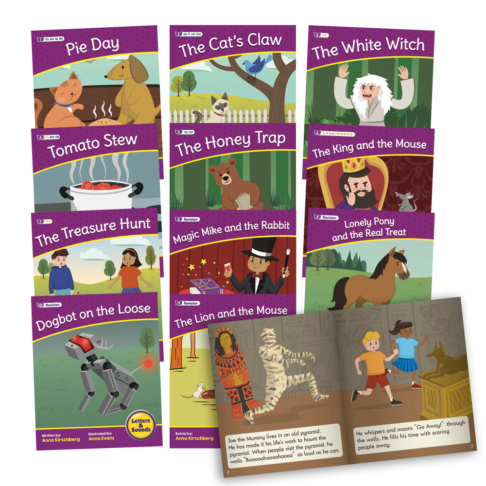 Set of 10 illustrated children's books from Letters & Sounds Phase 5 collection, including titles like Pie Day, The Cat's Claw, and The White Witch, with sample