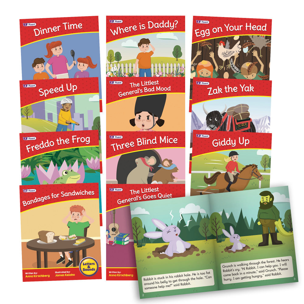 Collection of 10 colorful phonics reading books with illustrated covers including Dinner Time, Where is Daddy, Egg on Your Head, Speed Up, The Littlest General'