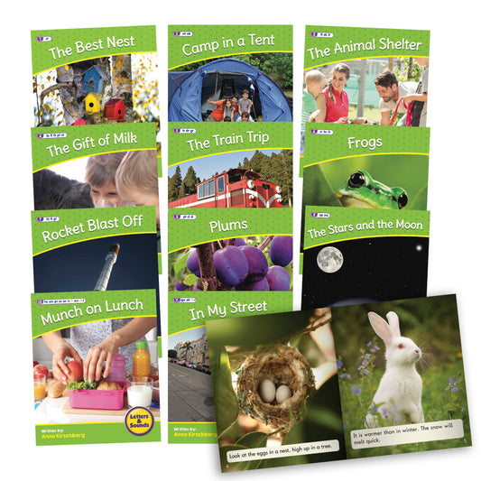 Junior Learning Letters & Sounds Phase 4 Set 2 educational book collection featuring nine colorful green-covered books with titles including The Best Nest, Camp