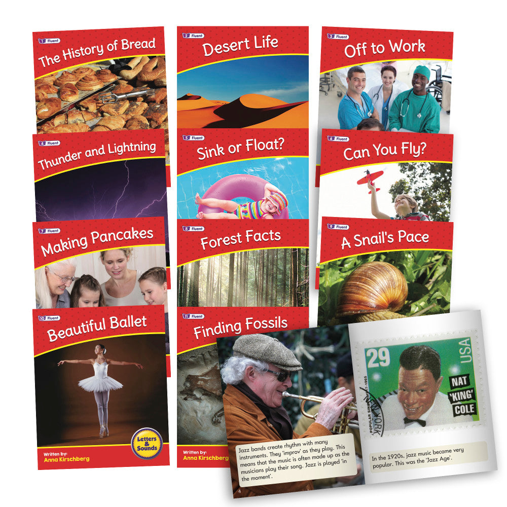 Junior Learning Phase 6 Set 2 non-fiction book collection showing 12 red-covered educational titles including The History of Bread, Desert Life, Off to Work, Th