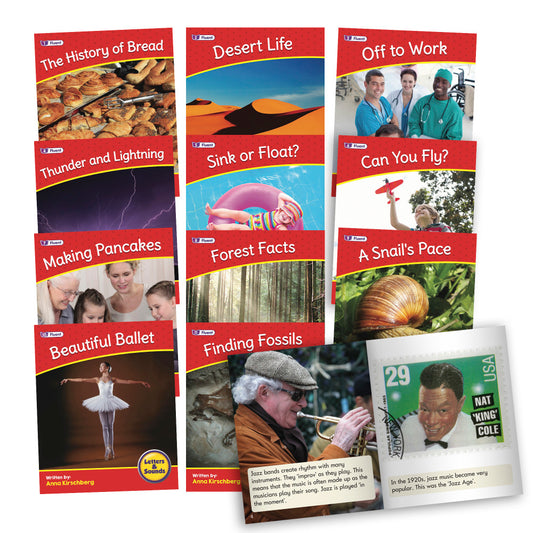 Junior Learning Phase 6 Set 2 non-fiction book collection showing 12 red-covered educational titles including The History of Bread, Desert Life, Off to Work, Th