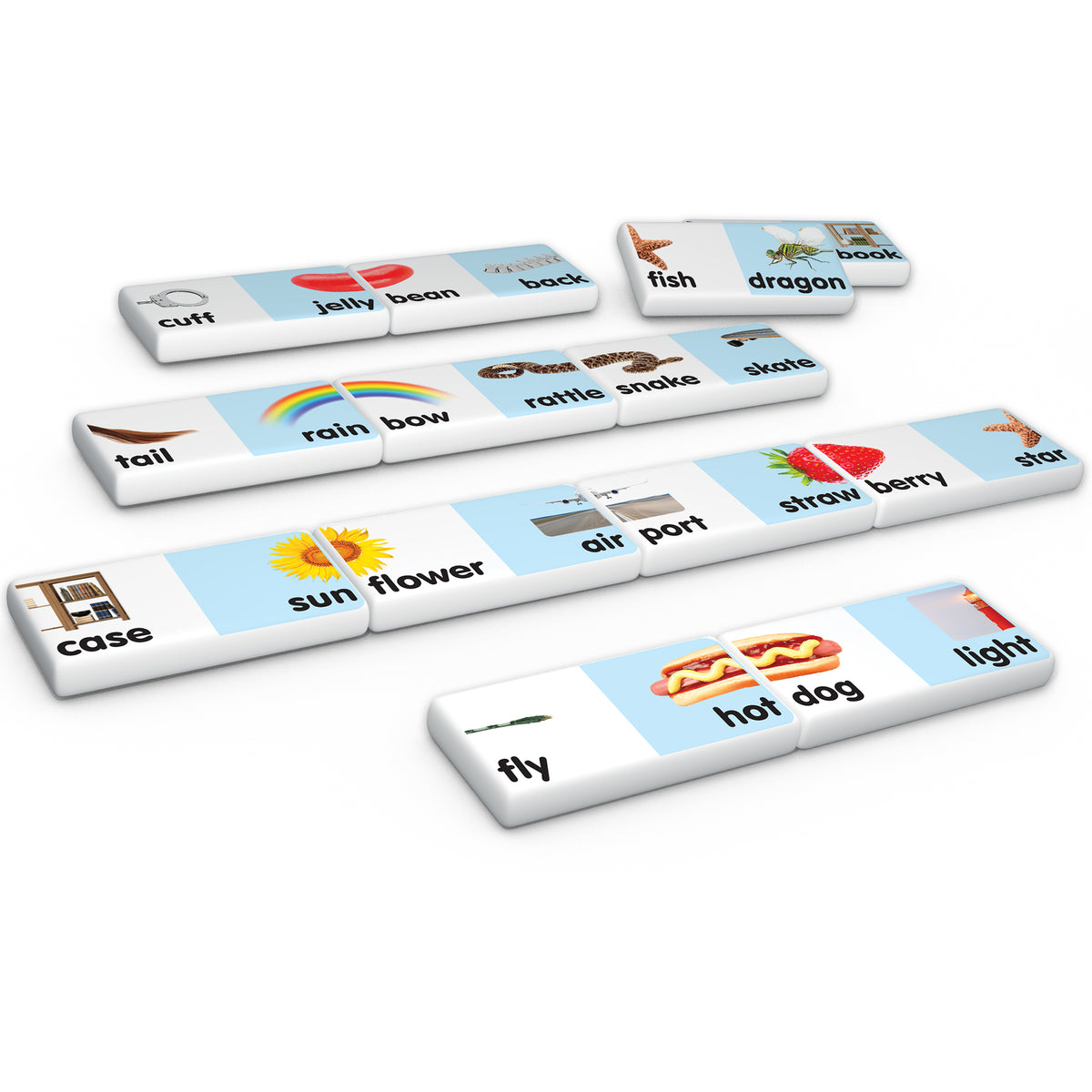 Compound Words Match & Learn Dominoes Game 28-piece set with colorful illustrated tiles showing word pairs like jelly...