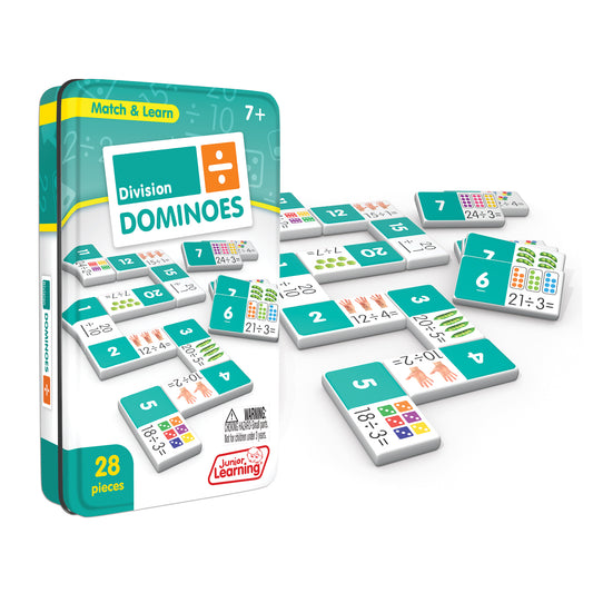 Division Match & Learn Dominoes 28-piece educational game set in teal tin for ages 7+