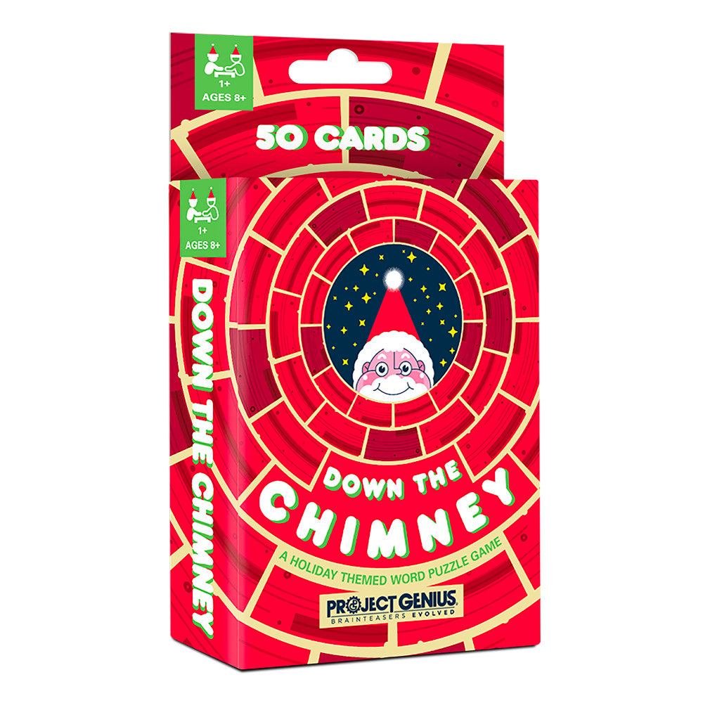 Down The Chimney card game box featuring Santa with red and gold concentric circles design, 50 cards, ages 8+, holiday-themed word puzzle by Project Genius