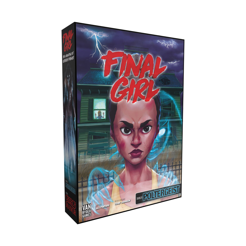 Final Girl board game expansion pack box featuring red text logo, illustrated female character with pink skin against haunted house backdrop with lightning and