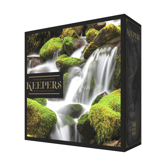 Keepers Strategic Voting Board Game box featuring moss-covered rocks and flowing water on black packaging with gold lettering