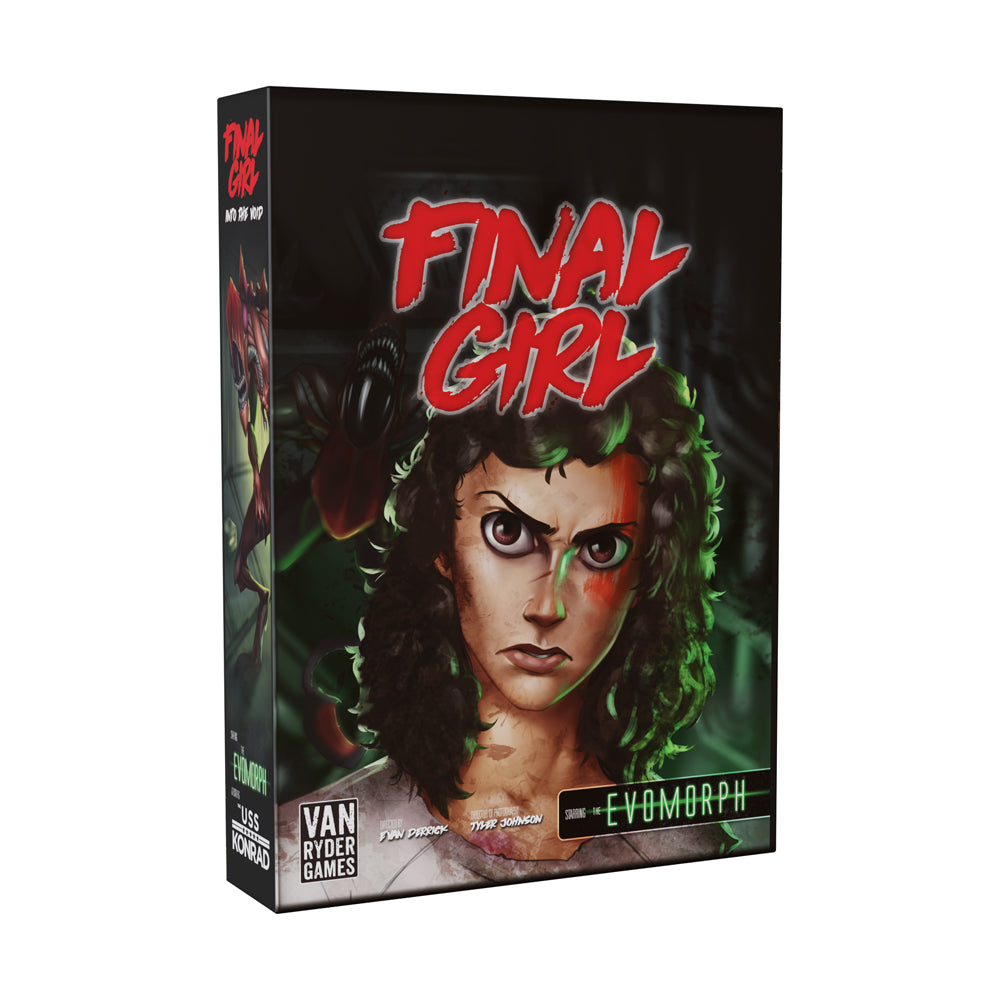 Van Ryder Games Final Girl: Into the Void board game box featuring red title text and illustrated character with dark hair and red-tinted face on black backgrou