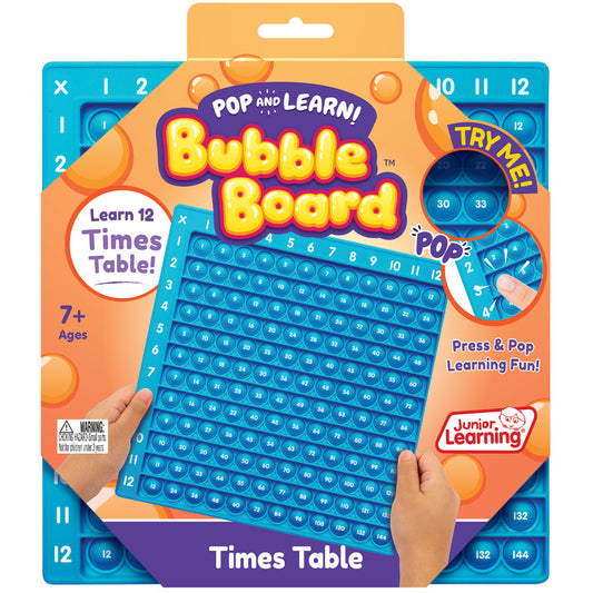 Pop and Learn Bubble Board times table learning toy modeled by a child, teal grid with numbered bubbles to press, orange packaging with purple branding