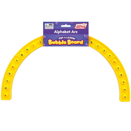 Yellow arch-shaped bubble board with alphabet letters in colorful pop bubbles, Alphabet Arc Bubble Board by Junior Learning