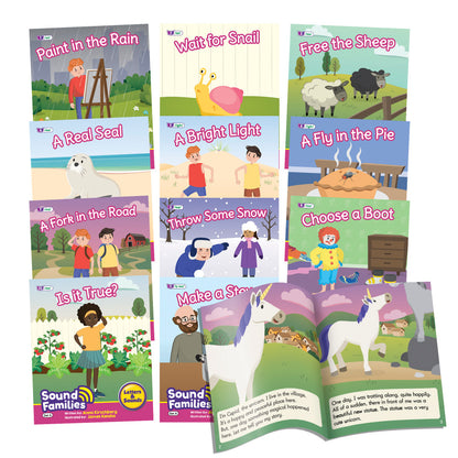 Set of 12 colorful children's picture books with Sound Families branding, featuring illustrated stories like 'Paint in the Rain,' 'Wait for Snail,' and 'Make a