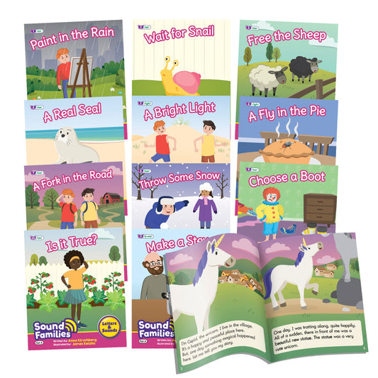 Set of 12 colorful children's picture books with Sound Families branding, featuring illustrated stories like 'Paint in the Rain,' 'Wait for Snail,' and 'Make a