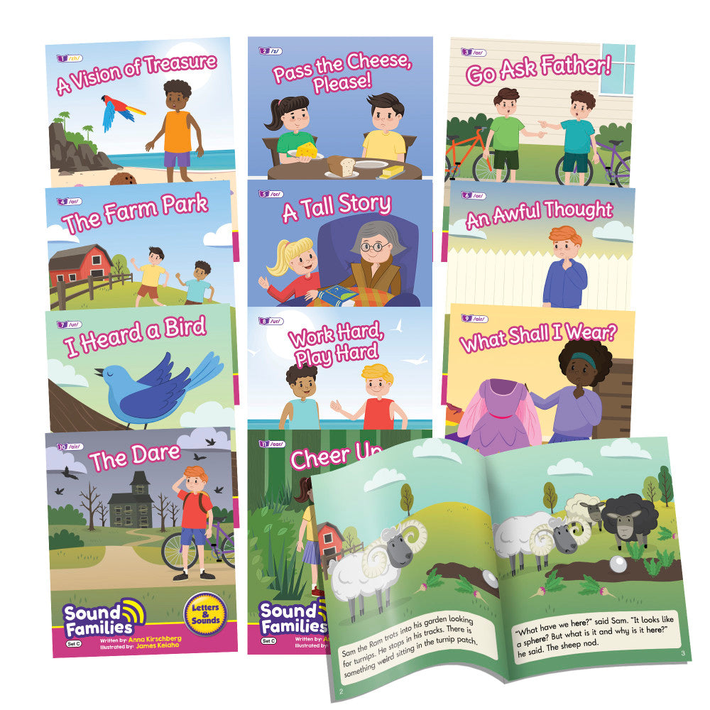 12-piece decodable readers set featuring colorful illustrated book covers with titles like "A Vision of Treasure," "Pass the Cheese, Please," and "Go Ask Father