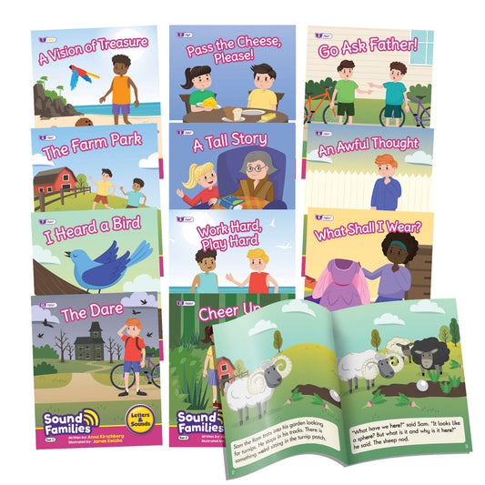 12-piece decodable readers set featuring colorful illustrated book covers with titles like "A Vision of Treasure," "Pass the Cheese, Please," and "Go Ask Father