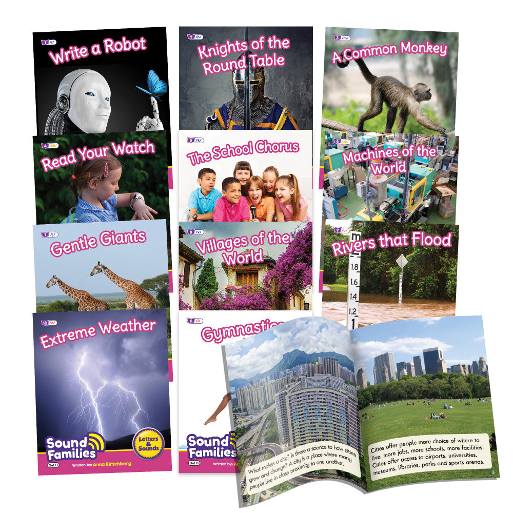 Collection of 12 colorful decodable reader books fanned out, including titles like Write a Robot, Knights of the Round Table, A Common Monkey, Read Your Watch,
