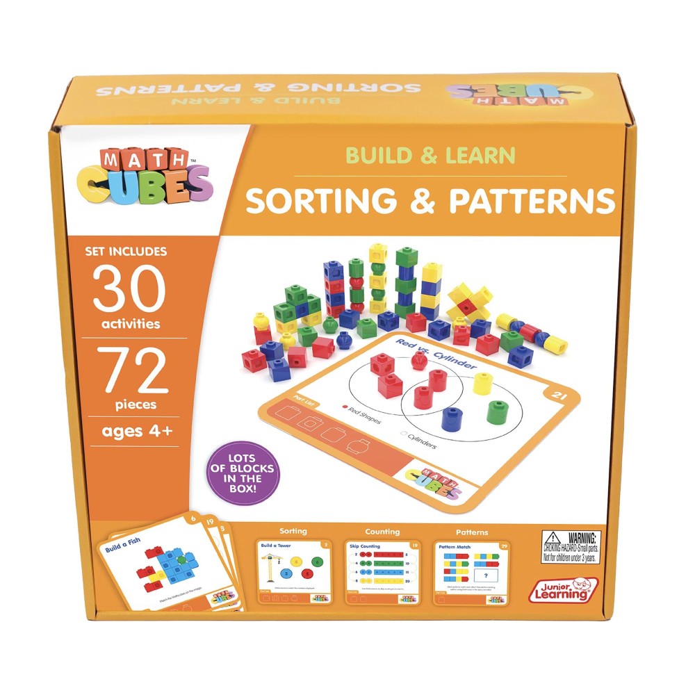 Math Cubes Build & Learn Sorting & Patterns set with 72 colorful blocks, activity cards, and instruction mat for ages 4+