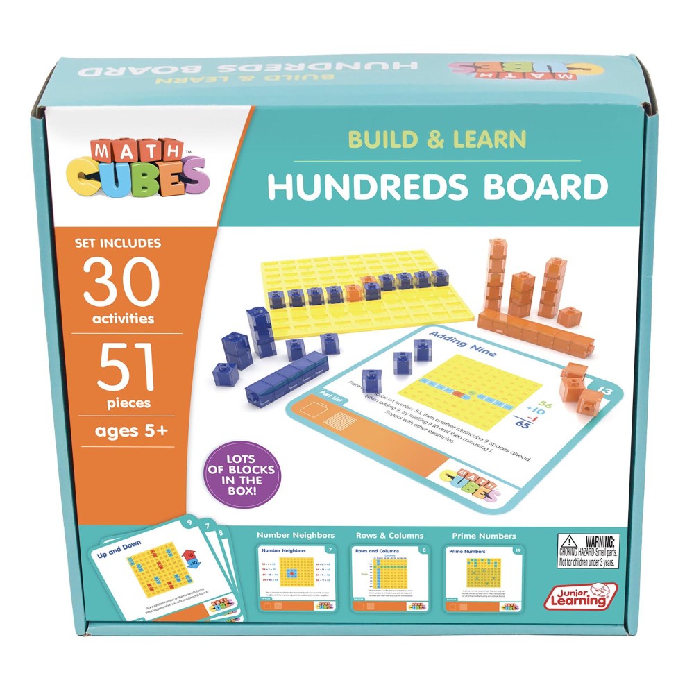 Math Cubes Build & Learn Hundreds Board set with yellow grid board, blue and orange counting blocks, activity cards, and instruction guide for ages 5+