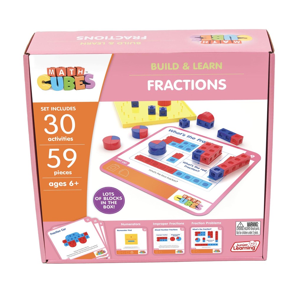 Math Cubes Build & Learn Fractions set box showing 30 activities, 59 pieces, ages 6+, with red and blue interlocking blocks, activity cards, and a yellow base b