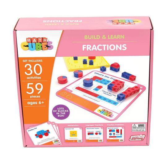 Math Cubes Build & Learn Fractions set box showing 30 activities, 59 pieces, ages 6+, with red and blue interlocking blocks, activity cards, and a yellow base b