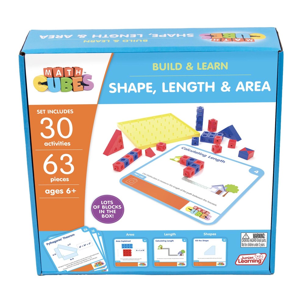 Math Cubes Build & Learn set box showing colorful blocks, yellow base board, activity cards, and learning materials for shape, length, and area activities