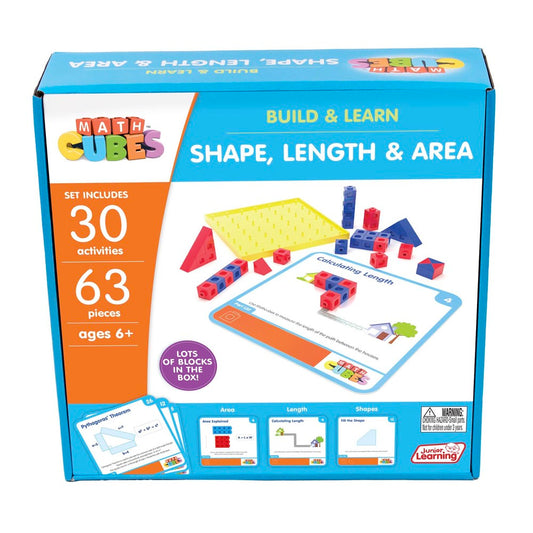 Math Cubes Build & Learn set box showing colorful blocks, yellow base board, activity cards, and learning materials for shape, length, and area activities