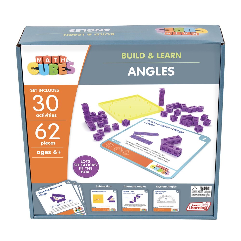 Math Cubes Build & Learn Angles set with 62 purple blocks, yellow base board, and activity cards showing geometry lessons for ages 6+