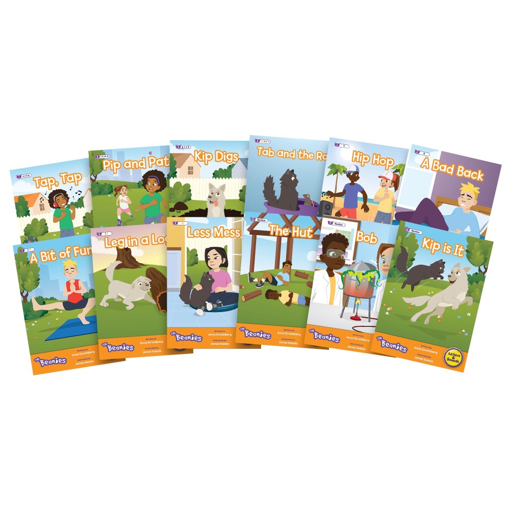 Beanstalk Books: The Beanies Hi-Lo Diversity Decodables 12-book set, Phase 2, fanned display showing colorful illustrated covers including titles like Tap Tap,