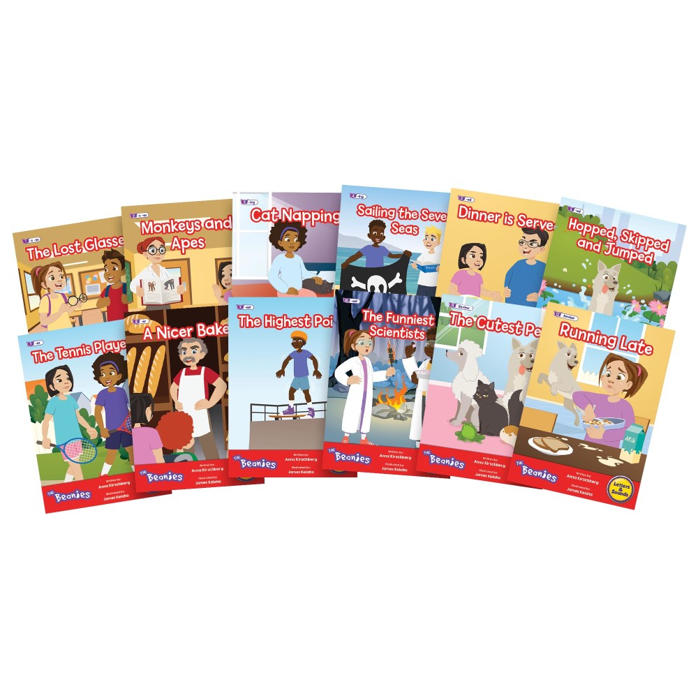 12-book set of Beanies Hi-Lo Diversity Decodables Phase 6 readers displayed in a fan arrangement, featuring illustrated covers with diverse children in everyday