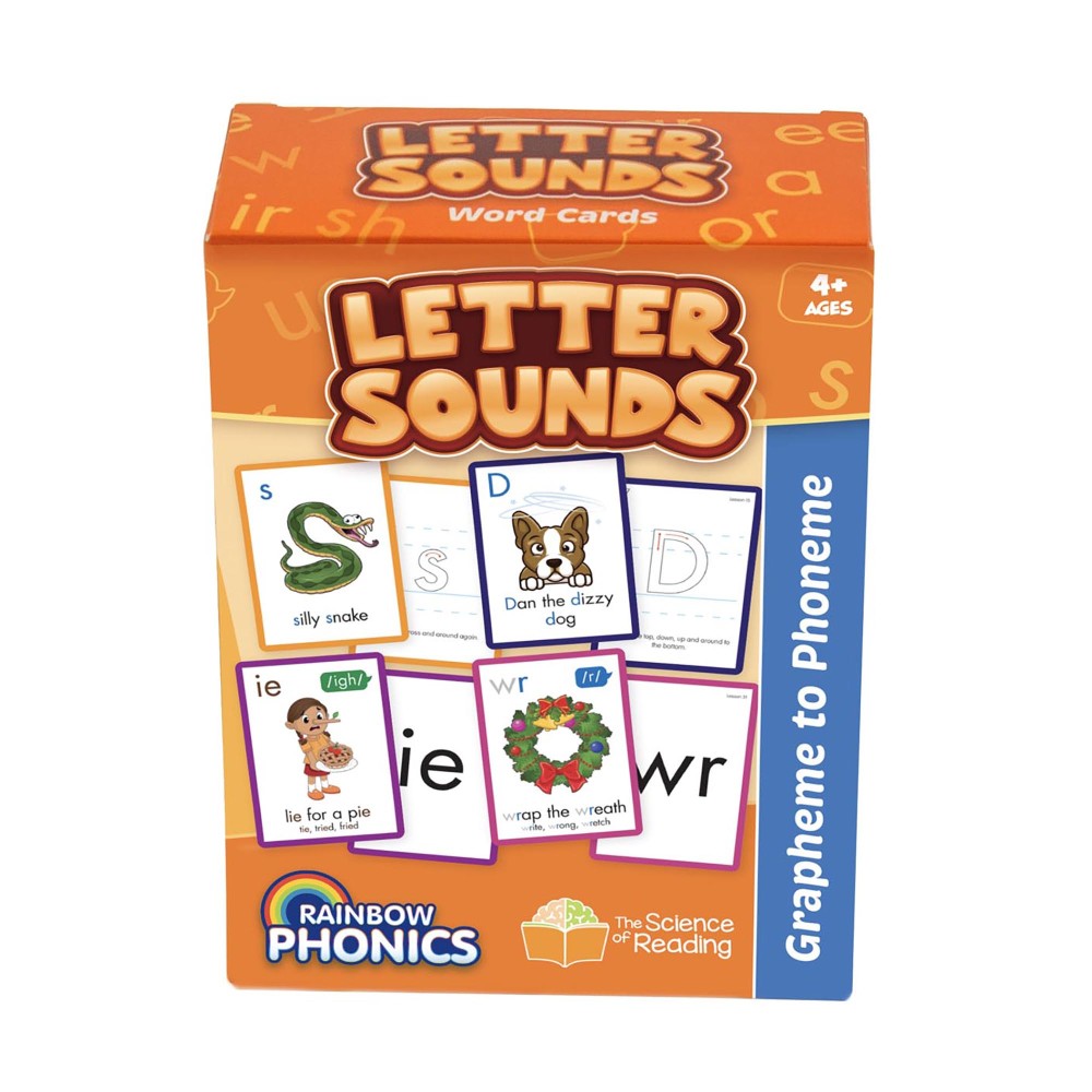 Letter Sounds Word Cards learning game box featuring phonics cards with images and letter combinations, for ages 4+