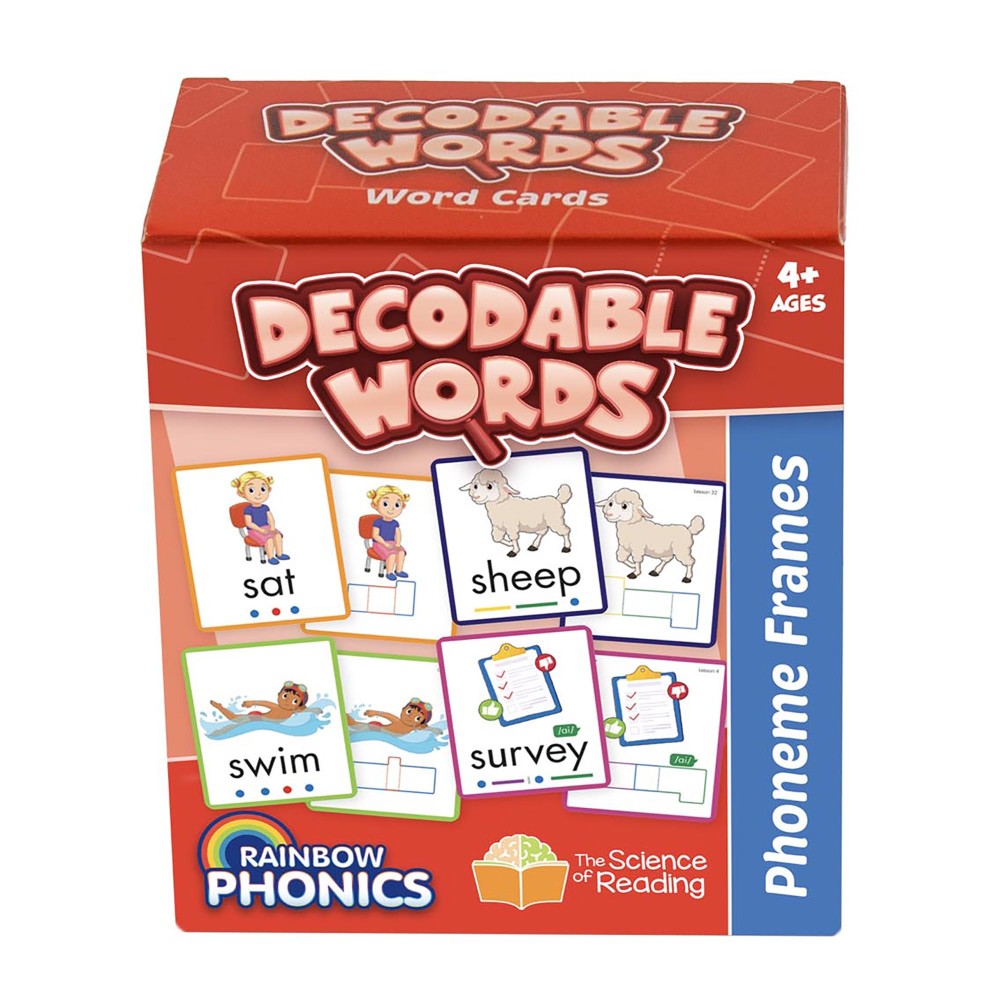 Decodable Words Word Cards box featuring phoneme frames and example cards with images and words like sat, sheep, swim, and survey. Ages 4+. Rainbow Phonics lear