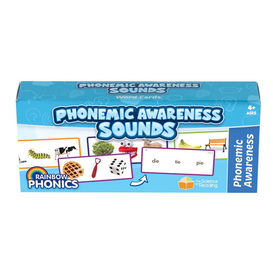 Rainbow Phonics Phonemic Awareness Sounds word cards box showing example cards with images of animals, objects, and words like die, tie, pie for ages 4+
